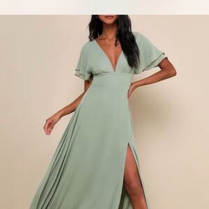Lulu's Sage Green V-Neck Flutter Sleeve Maxi Dress